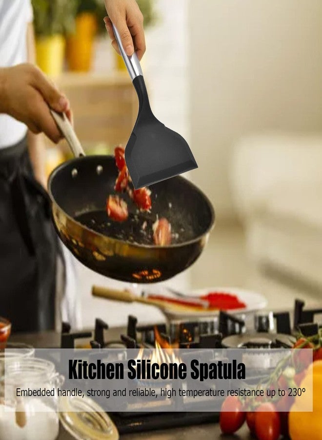 Trifecta ملعقة تقليب سمك بلاستيكية مغلفة بالسيليكون من تريفيكتا، ملعقة تقليب عريضة بمقبض من الفولاذ المقاوم للصدأ، ملعقة تقليب فطائر سيليكون، ملعقة تقليب مرنة عريضة غير لاصقة (أسود، طقم من قطعة واحدة) - Image 5